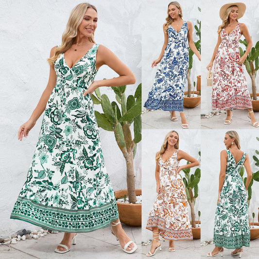 Fashion Floral Print V-neck Dress Summer Sexy Slim Fit Sleeveless Long Dress - AL MONI EXPRESS