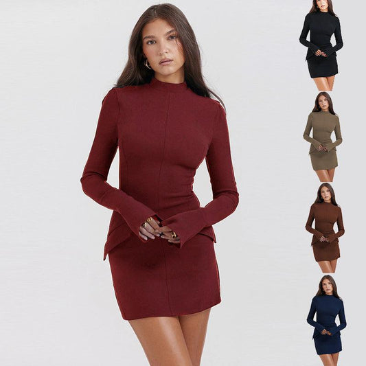 Fashion Long Sleeve Dress With Two Pockets Slim Bodycon Hip Short Dress For Women - AL MONI EXPRESS