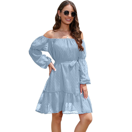 Fashion One-shoulder Long Sleeve Dress For Women Tie Waist Off-shoulder Bubble Dot Ruffle Design Chiffon Dress - AL MONI EXPRESS