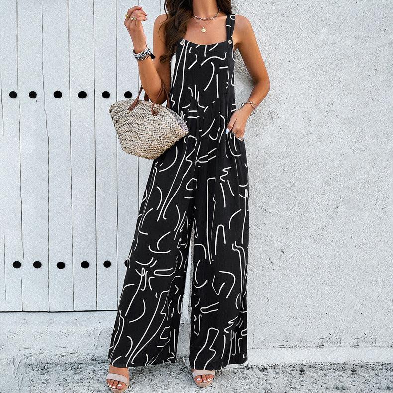 Fashion Print Square Neck Jumpsuit With Pockets Spring Summer Casual Loose Overalls Womens Clothing - AL MONI EXPRESS