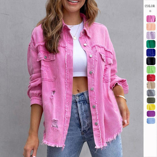 Fashion Ripped Shirt Jacket Female Autumn And Spring Casual Tops Womens Clothing - Almoni Express