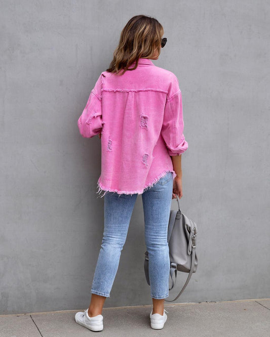 Fashion Ripped Shirt Jacket Female Autumn And Spring Casual Tops Womens Clothing - Almoni Express