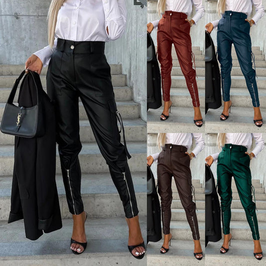 Fashion Slim-fitting Leather Trousers Women Waist-cinching Zipper Design Pants With Pockets - AL MONI EXPRESS