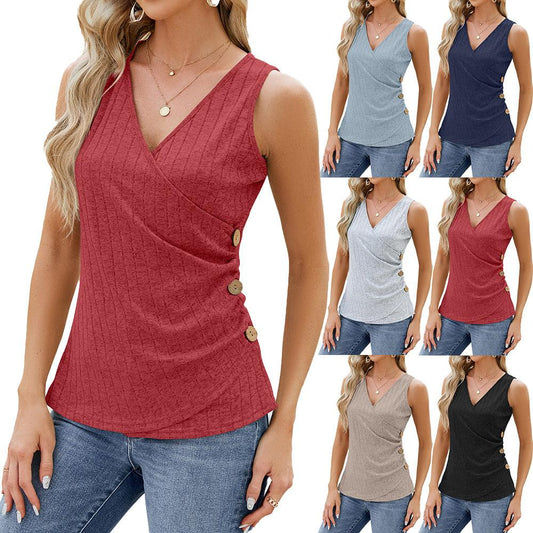 Fashion Vest With Button Design New Sleeveless V-neck T-shirt Solid Color Tank Tops Summer Women's Clothing - AL MONI EXPRESS