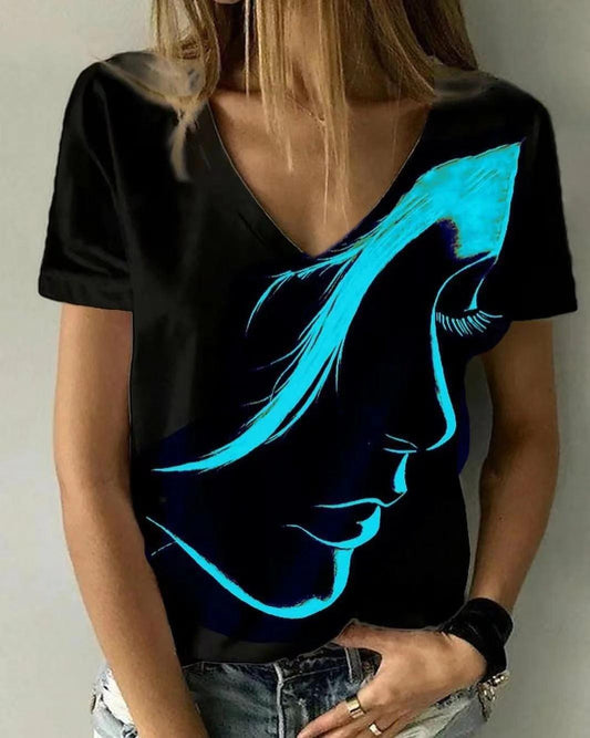 Fashion Women's Wear Abstract Portrait T-shirt Print Summer V-neck Shirt - Almoni Express