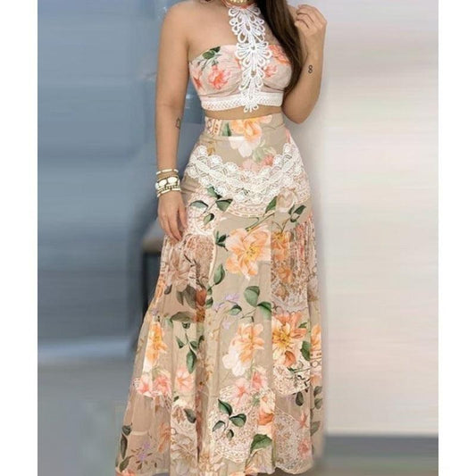 Floral Lace Hem Top & Skirt Sets Women - Almoni Express