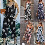 Flowers Print Suspender Jumpsuit With Pockets Spring Summer Fashion Round-neck Overalls For Womens Clothing - AL MONI EXPRESS