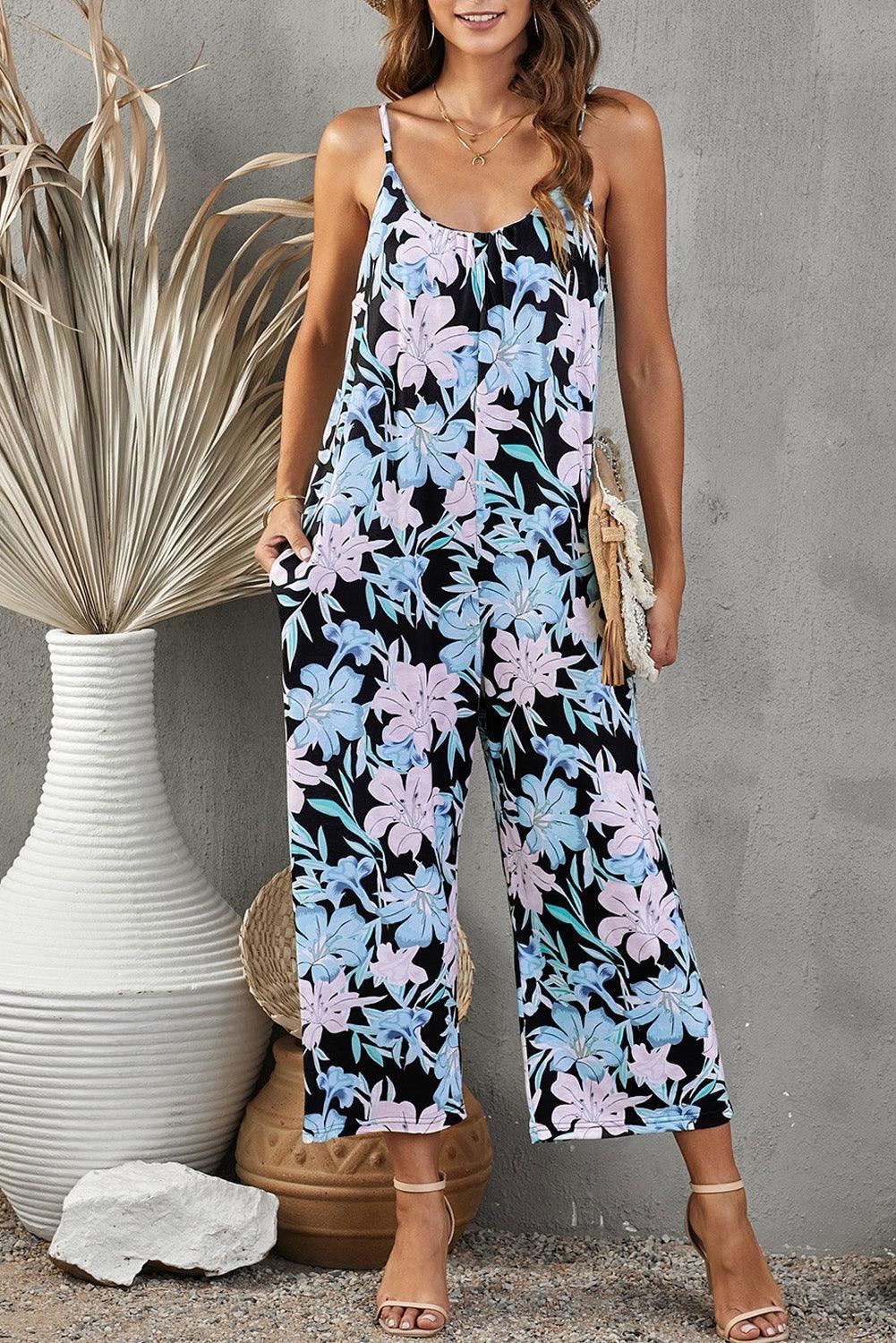 Flowers Print Suspender Jumpsuit With Pockets Spring Summer Fashion Round-neck Overalls For Womens Clothing - AL MONI EXPRESS