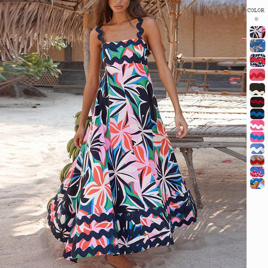 Flowers Print Wavy Pattern Suspender Long Dress For Women Fashion A-Line Beach Dresses Womens Clothing - AL MONI EXPRESS