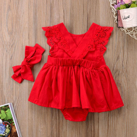 Frilled Red Lace One-Piece Dress For Girls - Almoni Express