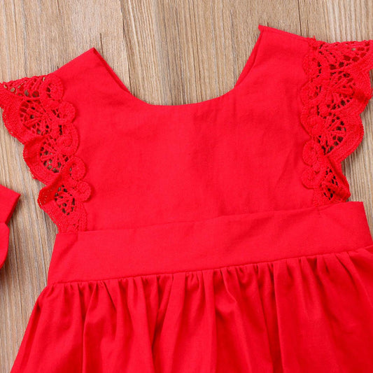 Frilled Red Lace One-Piece Dress For Girls - Almoni Express