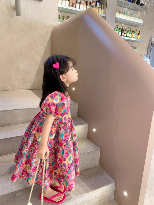 Girls' Floral Dress Short Sleeve Children's Western Style Baby - Almoni Express