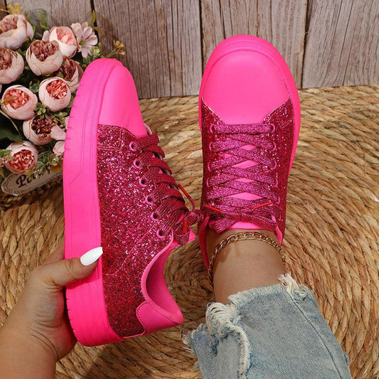 Glitter Sequin Design Flats Shoes Women Trendy Casual Thick-soled Lace-up Sneakers Fashion Skateboard Shoes - AL MONI EXPRESS