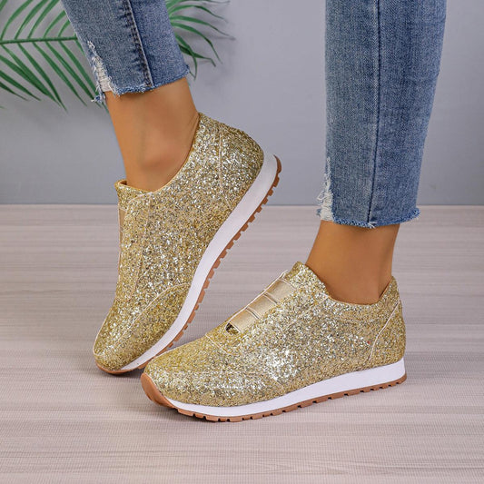 Gold Sliver Sequined Flats New Fashion Casual Round Toe Slip-on Shoes Women Outdoor Casual Walking Running Shoes - AL MONI EXPRESS