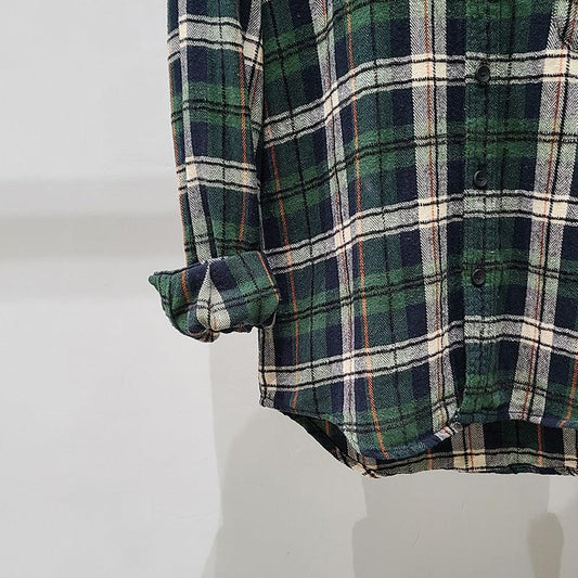 Green Plaid Cotton Long Sleeve Shirt - AL MONI EXPRESS