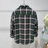 Green Plaid Cotton Long Sleeve Shirt - AL MONI EXPRESS