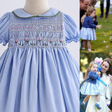 Handmade Cotton Blue And Short-sleeved Dress - Almoni Express