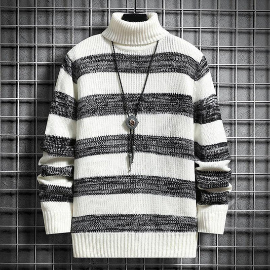 High-neck Men's Autumn And Winter Long-sleeved Trendy Slim Striped Sweater - Almoni Express