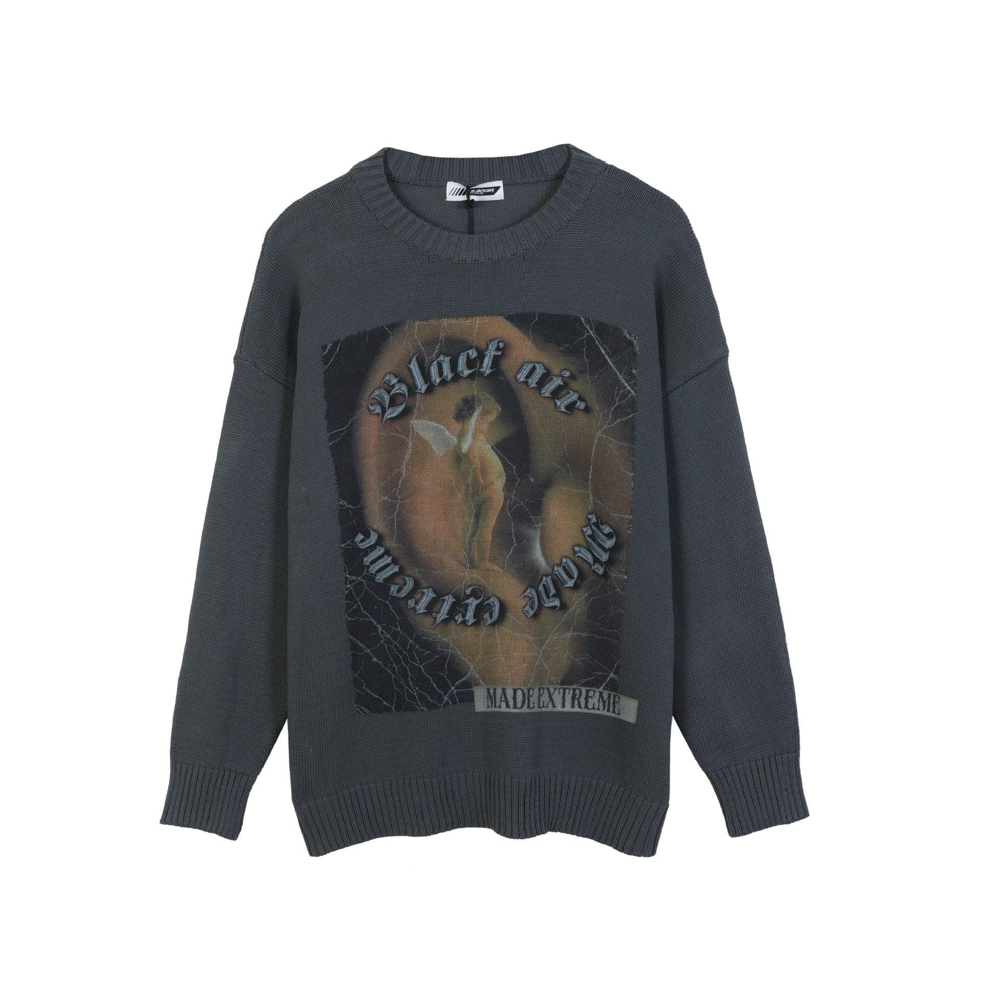 High Street Retro Printed Sweater Men's Trendy Brand Design Sense Loose Knitted Top - Almoni Express