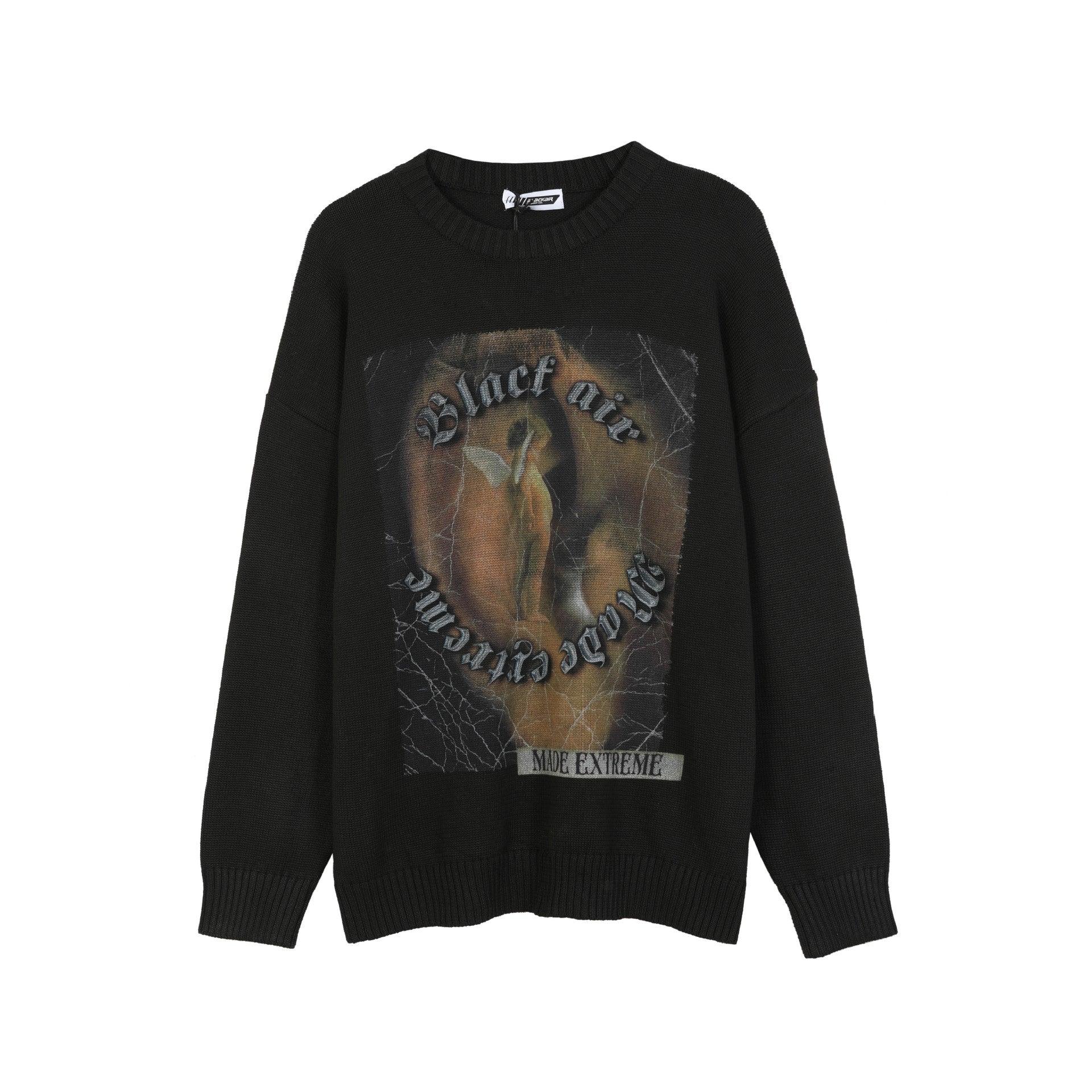 High Street Retro Printed Sweater Men's Trendy Brand Design Sense Loose Knitted Top - Almoni Express