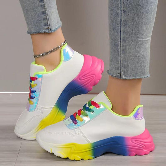 INS Style Rainbow Color Sports Shoes For Women Thick Bottom Lace-up Sneakers Fashion Casual Lightweight Running Walking Shoes - AL MONI EXPRESS
