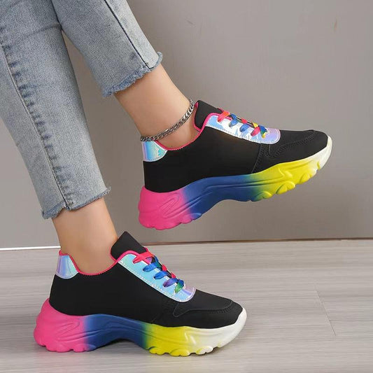 INS Style Rainbow Color Sports Shoes For Women Thick Bottom Lace-up Sneakers Fashion Casual Lightweight Running Walking Shoes - AL MONI EXPRESS
