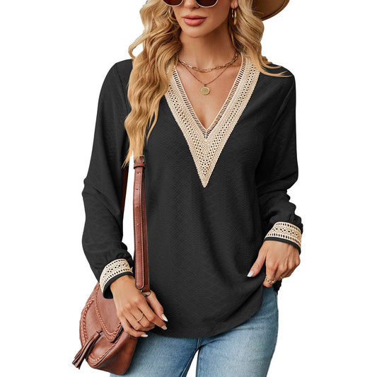 Lace Stitching V-neck T-shirt Loose Long-sleeved Solid Color Top For Women - AL MONI EXPRESS