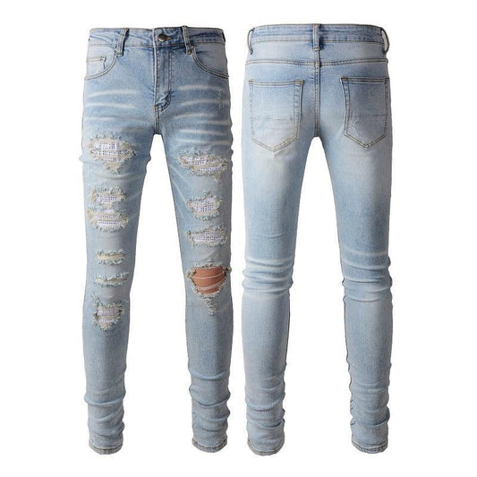 Light Colored Hot Diamond Patch With Holes In Elastic Tight Jeans For Men - AL MONI EXPRESS