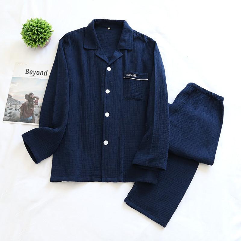 Long Sleeve Pajamas Cotton Double Layer Gauze Clothes Front Button Suit Solid Color - AL MONI EXPRESS
