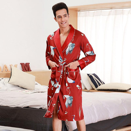 Long-Sleeved Nightgown Men's Bathrobe Silk Homewear - Almoni Express