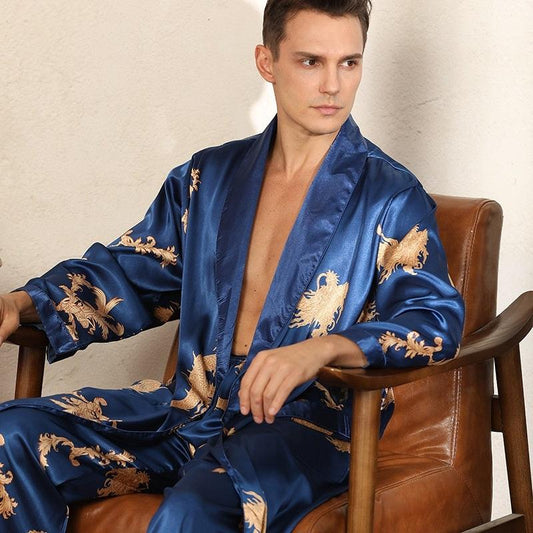 Luxury Silk Robe Pants Pajama Set Two-piece Imitate Silk Long-sleeved Pajamas Large Size Bathrobes Robe Sets For Men Clothing - Almoni Express