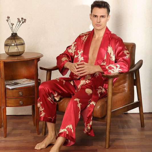 Luxury Silk Robe Pants Pajama Set Two-piece Imitate Silk Long-sleeved Pajamas Large Size Bathrobes Robe Sets For Men Clothing - Almoni Express