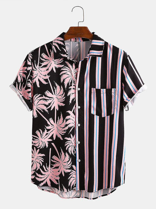 Men Clothing Summer New Men's Coconut Print Striped Stitching Casual Holiday Shirt Short-sleeved Camisas Para Hombre - AL MONI EXPRESS