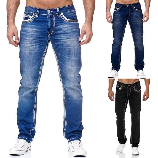 Men Jeans With Pockets Straight Pants Business Casual Daily Streetwear Trousers Men's Clothing - AL MONI EXPRESS