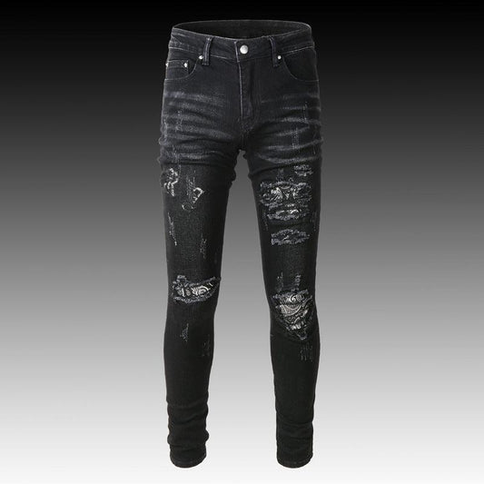 Men's Black Paisley Printed Patch Ripped Jeans - AL MONI EXPRESS