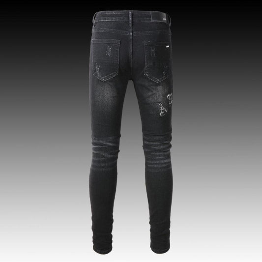 Men's Black Paisley Printed Patch Ripped Jeans - AL MONI EXPRESS