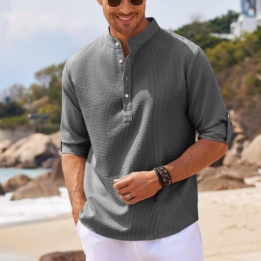 Men's Casual Shirt Long Sleeve Stand Collar Solid Color Shirt Mens Clothing - AL MONI EXPRESS