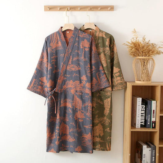 Men's Cotton Gauze Kimono Long Dress Bathrobe - Almoni Express
