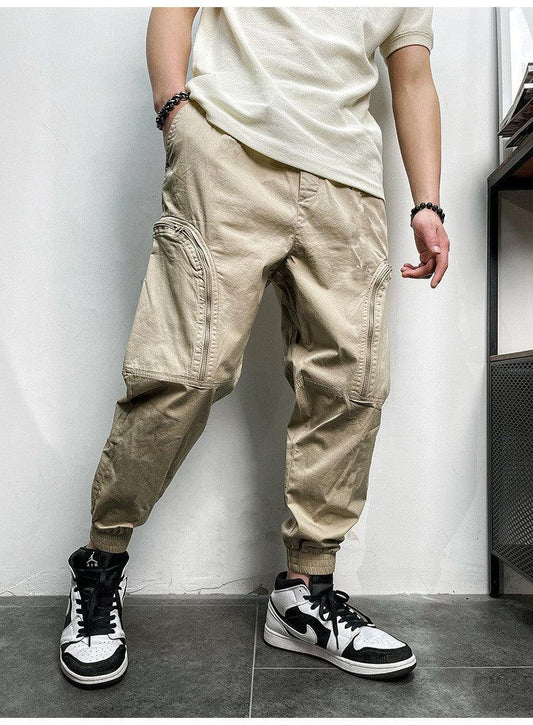 Men's Elastic Waist Zipper Big Pockets Drawstring Sports Cargo Pants - AL MONI EXPRESS