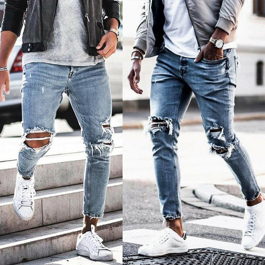 Men's jeans new hole pants trousers - Almoni Express