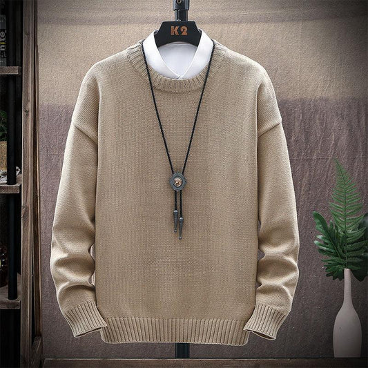 Men's New Casual Round Neck Brown Long-Sleeved Pullover Loose Sweater - Almoni Express