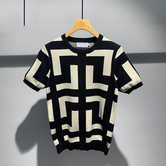 Men's New Fashion Versatile Geometric Jacquard Sweater Half Sleeve Round Neck - AL MONI EXPRESS