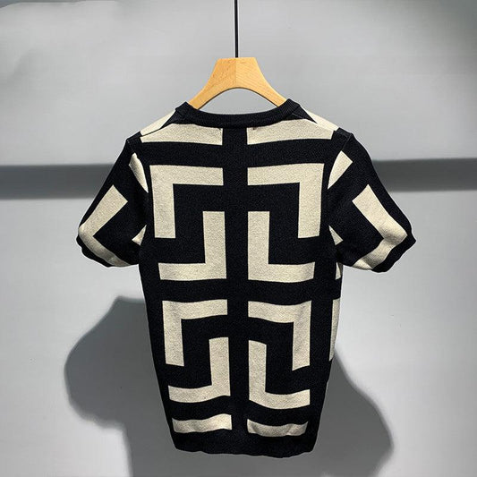 Men's New Fashion Versatile Geometric Jacquard Sweater Half Sleeve Round Neck - AL MONI EXPRESS