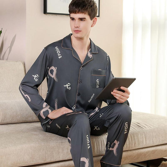 Men's Pajamas Silk Spring Long Sleeve New Print Cardigan Spring And Autumn Leisure Ice Silk Home Wear Suit - AL MONI EXPRESS