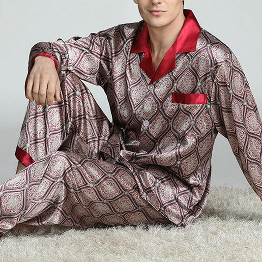 Men's Printed Silk Pajamas Spring And Summer Long-Sleeved Suit - Almoni Express
