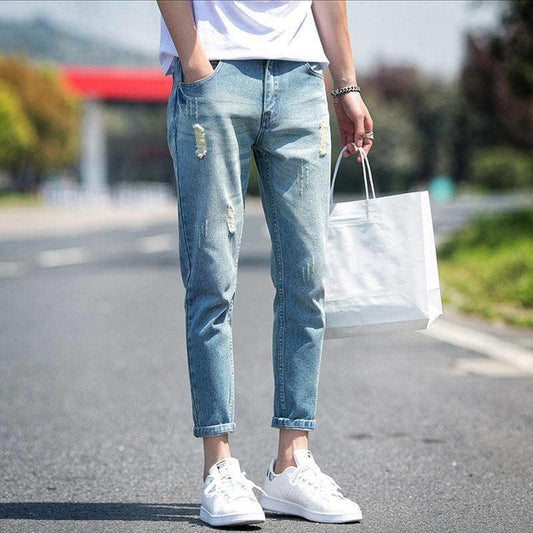 Men's ripped jeans cropped trousers - Almoni Express