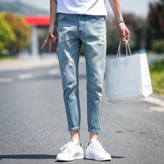 Men's ripped jeans cropped trousers - Almoni Express