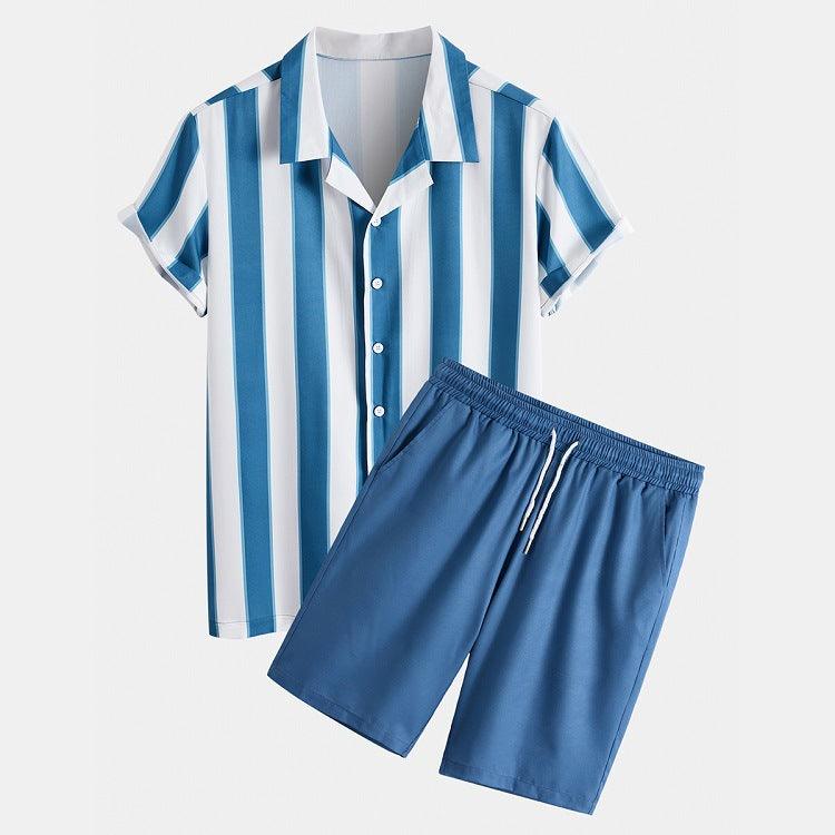 Men's Short Sleeve Flower Striped Shirt Shorts Two Piece Set - AL MONI EXPRESS