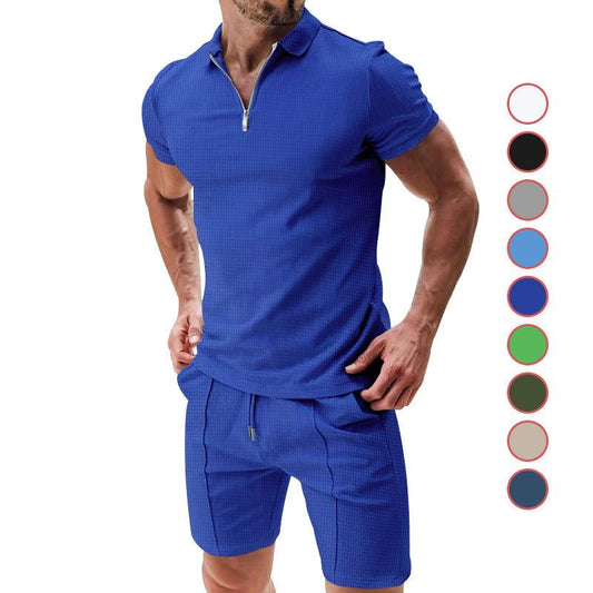Men's Short Sleeve Shorts Casual Suit Summer Waffle Solid Color Casual Loose Lapels T-shirt Suit Men - AL MONI EXPRESS