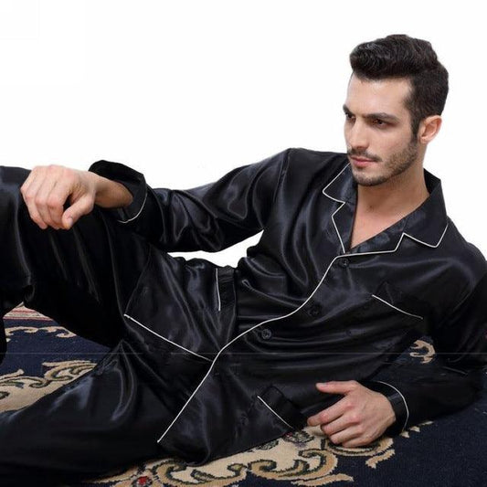 Men's silk satin pajamas suit casual wear - Almoni Express